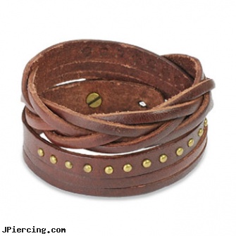 Brown Leather Multi-Wrap Bracelet With Multi Studded Weaved End Design, brown ring around penis, brown penis ring, brown ring on penis, leather body jewellery, leather cock rings