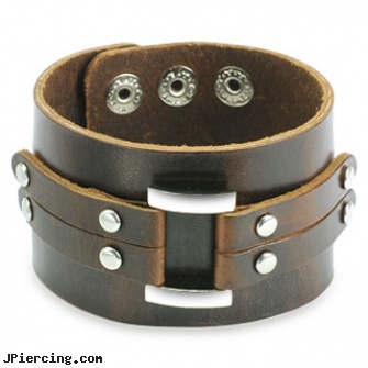 Brown Leather Wide Center Link Buckle Bracelet with Adjustable Snap Closure, brown ring around penis, brown ring on penis, brown penis ring, leather cock rings, leather body jewellery