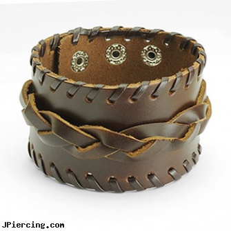 Brown Leather Wide Center Link Buckle Bracelet With Adjustable Snap Closure, brown ring around penis, brown penis ring, brown ring on penis, leather cock rings, leather or rawhide cock rings