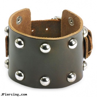 Brown Leather Wide Multi-Dome Studs Bracelet with Adjustable Buckle, brown penis ring, brown ring around penis, brown ring on penis, leather body jewellery, leather or rawhide cock rings
