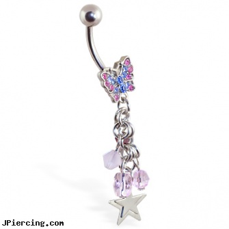 Butterfly navel ring with dangles and stars, uv butterfly navel ring, butterfly tongue rings, butterfly pics, navel piercing fat, navel belly rings