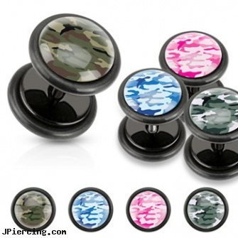 Camouflage Print Inlayed Black UV Acrylic Fake Plugs, black market body jewelry, black studs, black labret, body jewelry acrylic, uv acrylic body jewellery canada