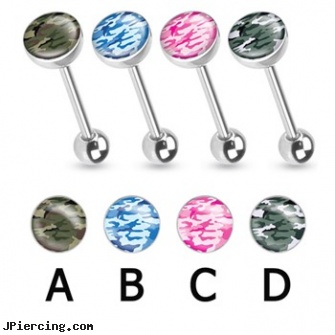 Camouflage Print Inlayed Surgical Steel Barbell, surgical steel body piercing jewelry, surgical steel prong set labrets, surgical placement of rings in cock and scrotum, captive earrings unique steel, stainless steel rings