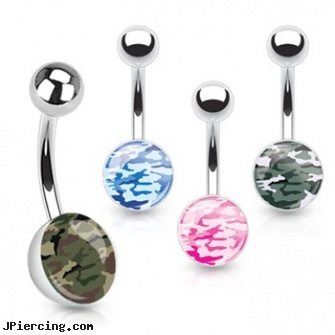 Camouflage Print Inlayed Surgical Steel Navel Ring, surgical placement of rings in cock and scrotum, surgical steel nose stud, surgical steel belly rings, industrial steel body jewellery, stainless steel nose rings