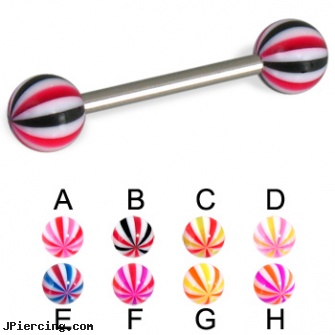 Candy tongue barbell, 14 ga, hot candy 14kt gold belly rings, titanium tongue rings candy striped, tongue piercing care, example of school policy on tongue piercing, tongue piercing hazards