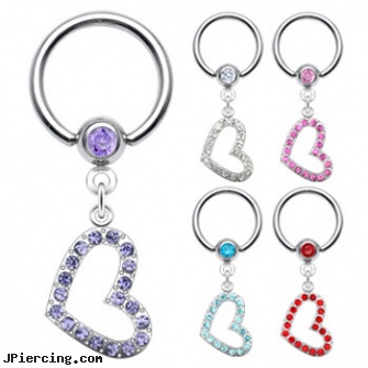 Captive Bead Ring With Dangling Jeweled Heart, 14 Ga, body and jewelry and captive and beads, captive beads, captive ring, replacement beads body piercings, cock ring review