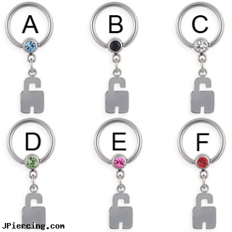 Captive bead ring with dangling lock, 14 ga, captive bead ring, gem captive beads rings, captive segment cock rings, change bead ring, infected tongue ring pictures