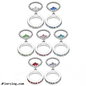 Captive Ring with CZ Hoop Dangle, 16 GA, captive ring, captive beads, gem captive beads rings, superman navel ring, ring clit
