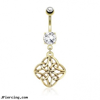 Celestial Knot Dangle Surgical Steel Over Gold Tone Navel Ring, celestial belly rings, belly button rings dangle, reverse dangle navel rings, dangle belly button rings, surgical steel navel jewelry