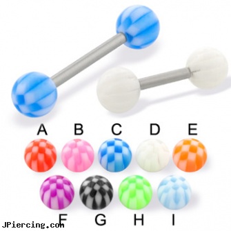 Checkered ball straight barbell, 14 ga, 14k ball closure ring, ball, blinking koosh ball belly ring, straight barbell clear retainer, straight onyx plugs