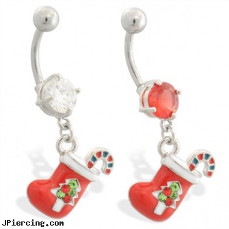 Christmas Belly Ring with Dangling Jeweled Stocking, christmas body jewelry, christmas belly button rings, christmas belly navel rings, home belly button piercing, washington redskins belly ring