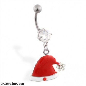 Christmas Belly Ring with Dangling Santa Hat, christmas belly navel rings, christmas belly button rings, christmas belly rings, baseball belly button rings, belly ring