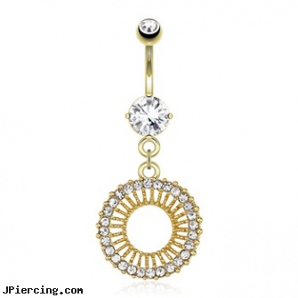 Circle with Gem Paved Edge Dangle Gold Tone Navel Ring, sonic the hedgehog tongue rings, dangle belly button rings, shamrock dangle navel body jewelry, belly button rings dangle, bannana belly ring discount gold