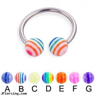 Circular barbell with acrylic layered balls, 16 ga, circular barbell body jewelery, body jewelry guage circular, nipple rings non piercing circular slip on, curved barbell, beach ball barbell and eyebrow piercing