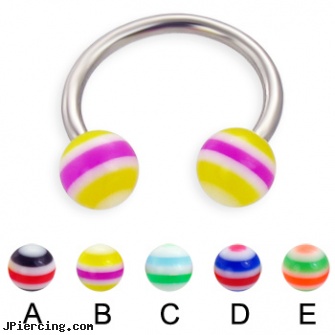 Circular barbell with circle balls, 14 ga, 16 ga circular barbell body jewelery, nipple rings circular slip on, circular barbell body jewelery, beach ball barbell and eyebrow piercing, navel piercing barbell titanium