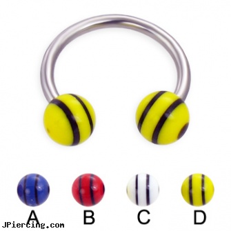 Circular barbell with double striped balls, 14 ga, 16 ga circular barbell body jewelery, circular barbell body jewelery, nipple rings circular slip on, cheap barbells and tongue rings, belly button barbells
