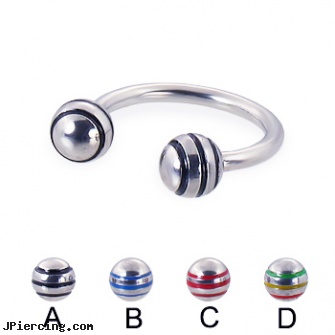 Circular Barbell with epoxy striped balls, 14 ga, nipple rings circular slip on, nipple rings non piercing circular slip on, body jewelry guage circular, star tongue barbells, curved barbell jewelry