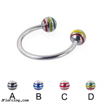 Circular barbell with epoxy striped balls, 16 ga, circular barbell, 16 ga circular barbell body jewelery, nipple rings circular slip on, helix barbell, barbell