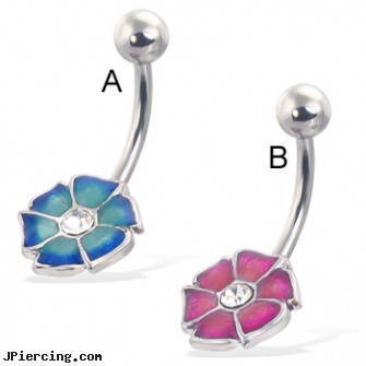 Colored 6-petal flower belly button ring with gem, ear piercing flesh colored hider jewlrey, ear piercing flesh colored hider jewlery, flesh colored nose ring, flower fishtail labret, flower belly ring