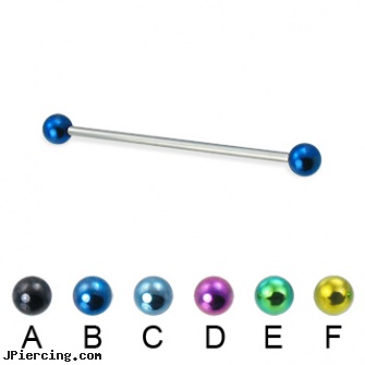 Colored ball long barbell (industrial barbell), 14 ga, ear piercing flesh colored hider jewlrey, colored heavy gauge tongue barbells, ear piercing flesh colored hider jewlery, rhinestone dimple ball charm belly ring, mm eyebrow balls