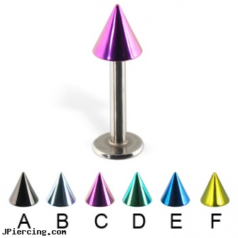 Colored cone labret, 14 ga, colored nipple barbells, flesh colored nose ring, colored heavy gauge tongue barbells, nipple piercing silicone, cone helix