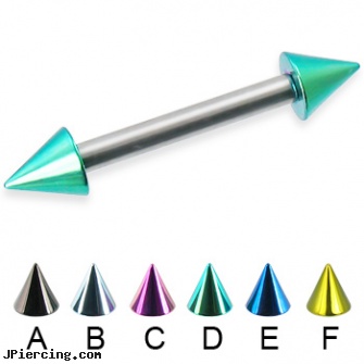 Colored cone straight barbell, 12 ga, colored nipple barbells, colored heavy gauge tongue barbells, flesh colored tongue ring, cone helix, silicone cock rings
