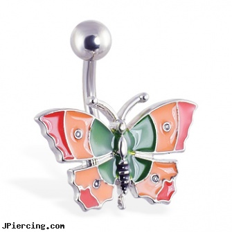 Colorful butterfly belly ring, butterfly rings, uv butterfly gem navel belly ring, iron butterfly body piercings shop, wholesale belly ring, cheerleader belly rings titanium or sterling silver