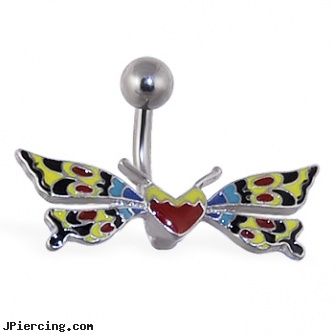 Colorful butterfly with heart belly ring, uv butterfly navel ring, butterfly pics, butterfly tongue rings, dangling heart belly button ring, pink heart belly ring