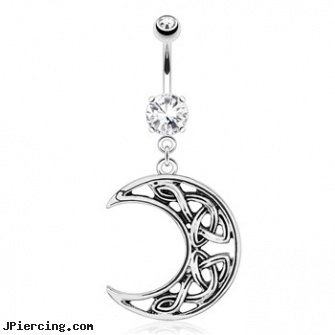 Crescent Moon with Weaving Pattern Dangle Surgical Steel Navel Ring, crescent septum ring, crescent shaped piercing expanders, silver moon body jewelry, moon face jewlery, shamrock dangle navel body jewelry