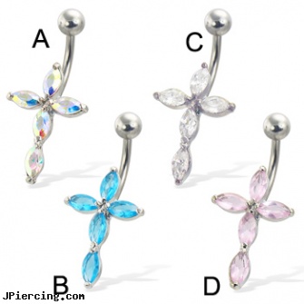 Cross of gems belly button ring, cross industrial ear piercings, cross belly rings, cross tattoos, gems studs, gemstone belly button barbells