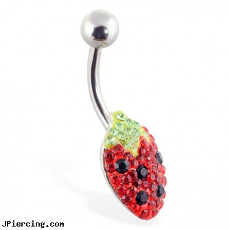 Crystal jeweled strawberry belly ring, crystal gem nose screws, gold crystal belly button ring naval jewelry, crystal labret jewelry, jeweled belly rings, jeweled navel slave rings