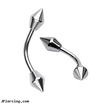 Curved barbell with 6mm spear shaped spikes, 16 ga, curved spike labret jewlery, curved slave barbell, curved tapers stretching, titanium barbell, ireland flag tongue barbell