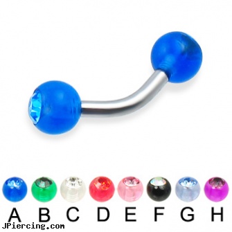 Curved barbell with acrylic jeweled balls, 12 ga, curved spike labret jewlery, 14 gauge curved barbell, labret curved spike, spiral barbell, gem nipple barbell
