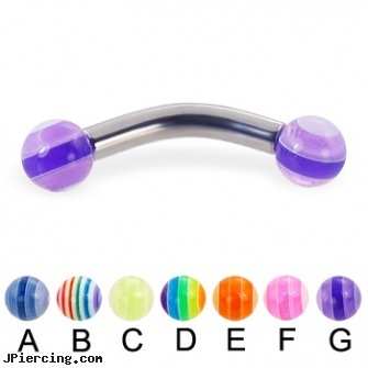 Curved barbell with acrylic layered balls, 10 ga, body jewelry curved nose bones, curved labret rings, piercings 6mm curved barbell, sizes of tongue barbells, navel piercing barbell titanium