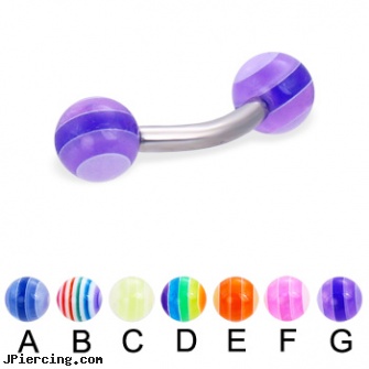 Curved Barbell with Acrylic Layered Balls, 12 Ga, curved spike labret jewlery, curved barbell, body jewelry curved nose bones, nipple barbells, barbells and body piercings