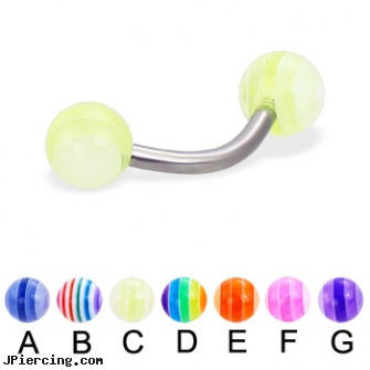 Curved barbell with acrylic layered balls, 14 ga, curved earrings screw balls, curved penis, body jewelry curved nose bones, twisted barbell, nipple rings barbells