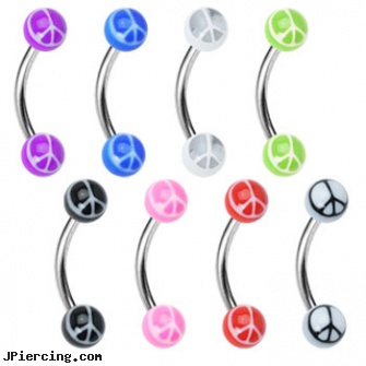 Curved barbell with acrylic peace sign balls, 16 ga, curved penis, curved tapers stretching, curved slave barbell, irish flag tongue barbell, diamond nipple barbell