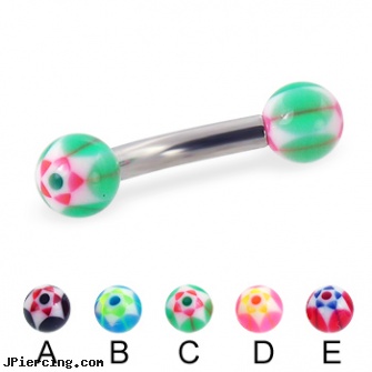 Curved barbell with acrylic star balls, 10 ga, curved barbell, curved spike labret jewlery, 14 gauge curved barbell, belly button rings and barbells, colored nipple barbells
