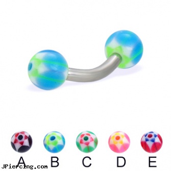 Curved barbell with acrylic star balls, 12 ga, curved slave barbell, labret curved spike, 14 gauge curved barbell, large gauge tongue barbell, rhinestone belly button barbells