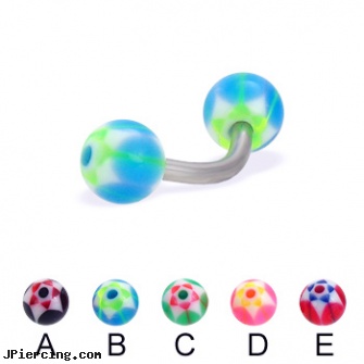Curved barbell with acrylic star balls, 14 ga, curved labret rings, uv curved barbell, curved slave barbell, barbell balls, tongue barbells penis