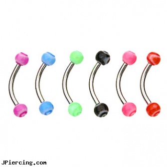 Curved barbell with acrylic swirl balls, 16 ga, body jewelry curved nose bones, labret curved spike, 14g curved spike eyebrow ring, tongue barbell, buy logo tongue barbells