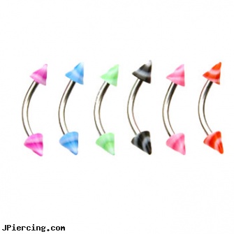 Curved barbell with acrylic swirl cones, 16 ga, piercings 6mm curved barbell, curved spike labret jewlery, 14 gauge curved barbell, barbells and body piercings, barbell balls