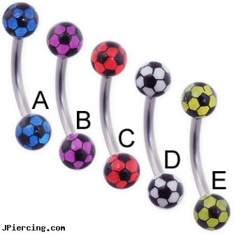 Curved barbell with colored acrylic soccer balls, 16 ga, 14 gauge curved barbell, uv curved barbell, piercings 6mm curved barbell, beach ball barbell and eyebrow piercing, sizes of tongue barbells