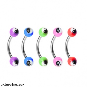 Curved barbell with colored acrylic ying-yang balls, 16 ga, curved barbell, body jewelry curved nose bones, 14g curved spike eyebrow ring, gold navel barbells 8mm, eyebrow piercing barbells