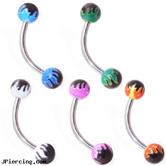 Curved barbell with colored flame balls, 16 ga, curved penis, curved barbell jewelry, labret curved spike, colored nipple barbells, cheap nipple barbell