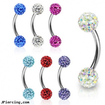 Curved barbell with crystal paved gem balls, 16 ga, curved labret rings, curved barbell jewelry, curved penis, petite belly barbells, circular barbell