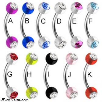 Curved Barbell with Double Jeweled Acrylic UV Balls, 16 Ga, curved slave barbell, curved tapers stretching, labret curved spike, gemstone belly button barbells, sizes of tongue barbells