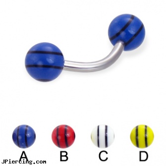 Curved barbell with double striped balls, 14 ga, 14g curved spike eyebrow ring, curved spike labret jewlery, piercings 6mm curved barbell, barbell, gemstone belly button barbells