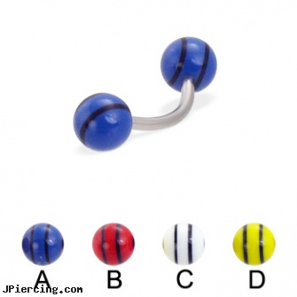Curved barbell with double striped balls, 16 ga, curved penis, curved barbell jewelry, curved tapers stretching, navel barbell with elvis, petite shaft belly barbells