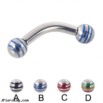 Curved barbell with epoxy striped balls, 10 ga, curved barbell, curved labret rings, uv curved barbell, gem nipple barbell, sizes of tongue barbells